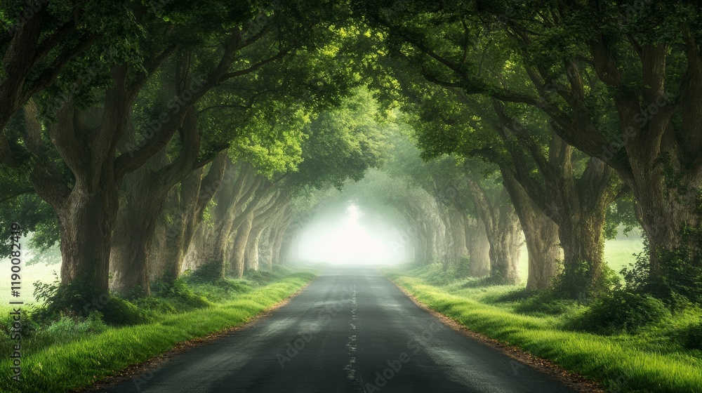 Obraz premium Car drives on rural road with tree alley on thick fog