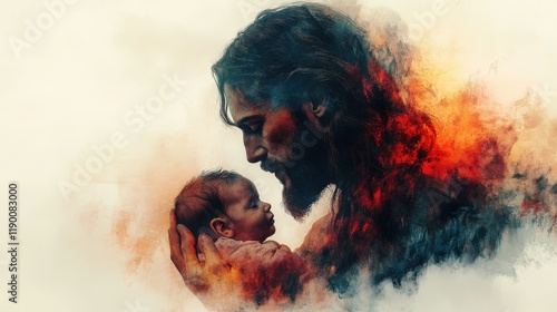 digital painting of jesus christ with baby in the hands watercolor illustration