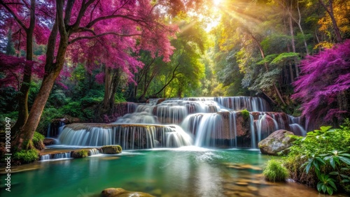 Huay Mae Khamin Waterfalls: a panoramic view of purple-hued leaves and cascading water, showcasing Thailand's exquisite natural beauty.