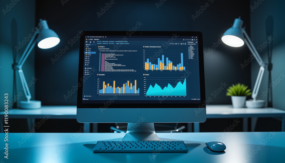 Naklejka premium Modern workspace with computer displaying data analysis charts and AI algorithms in soft, cool light