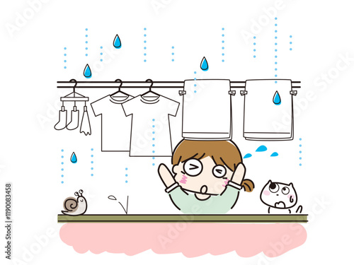 洗濯物を慌てて取り込む女性