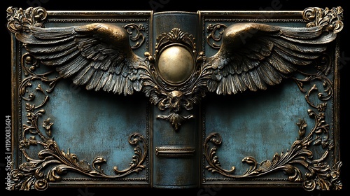 Ornate winged book cover, dark background, fantasy design, cover art.