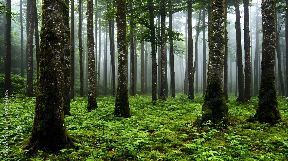 Fototapeta premium Misty Forest Lush Greenery Mossy Trees Nature Background