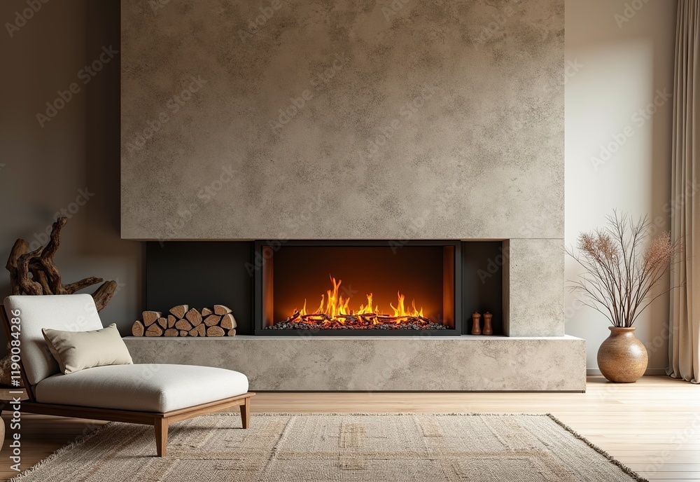 Fototapeta premium Minimalist Home Interior Featuring Textured Stone Wall, Flickering Fireplace, Wooden Mantel, and Soft Lighting 