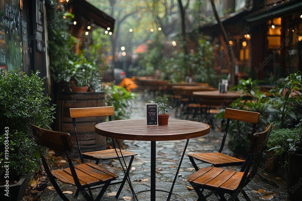 Fototapeta premium Industrial-style outdoor cafe with round brown tables, wooden seating, and chairs, set up in a park area near bushes.