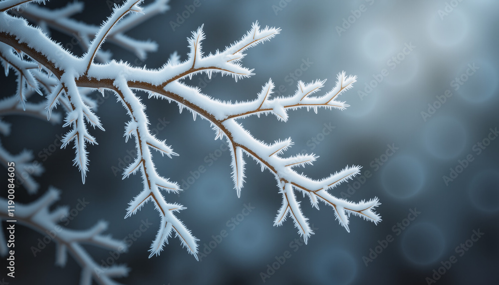 Icy tree branches coated with thick frost, showcasing winter's chill and natural beauty in a cold atmosphere Icy tree branches coated with thick frost, showcasing winter's chill and natural beauty in a cold atmosphere