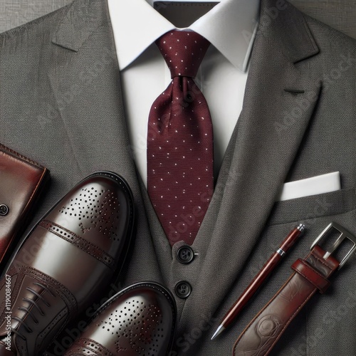 313 Office Ready Gray suit white shirt and burgundy tie with bla photo