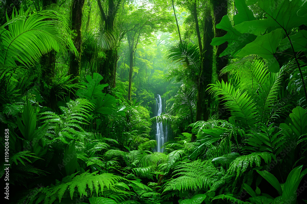 Obraz premium Lush Rainforest Waterfall, Tranquil Jungle Landscape