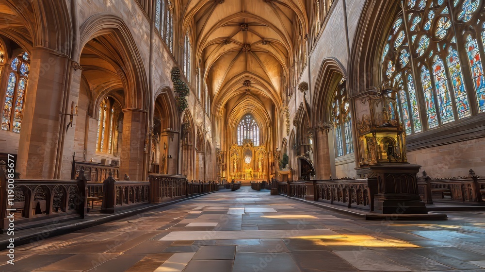 Grand cathedral interior, sunlight streams in. Grand cathedral interior, sunlight streams in.