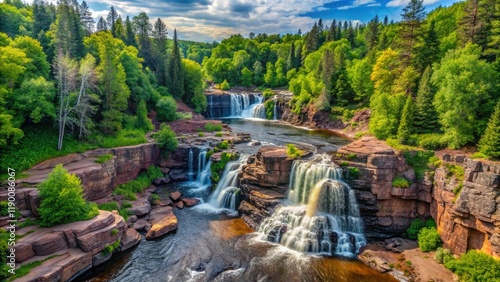 Majestic Gooseberry Falls in Duluth: drone footage reveals a stunning river, volcanic rock, and vibrant forest. photo