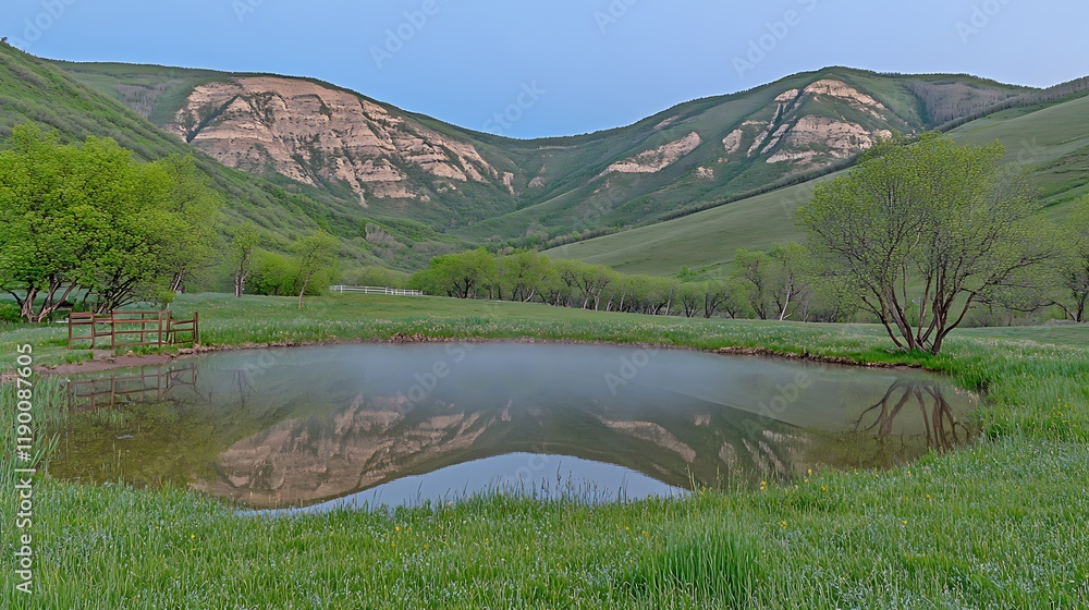Fototapeta premium Mountain reflection in tranquil spring pond.