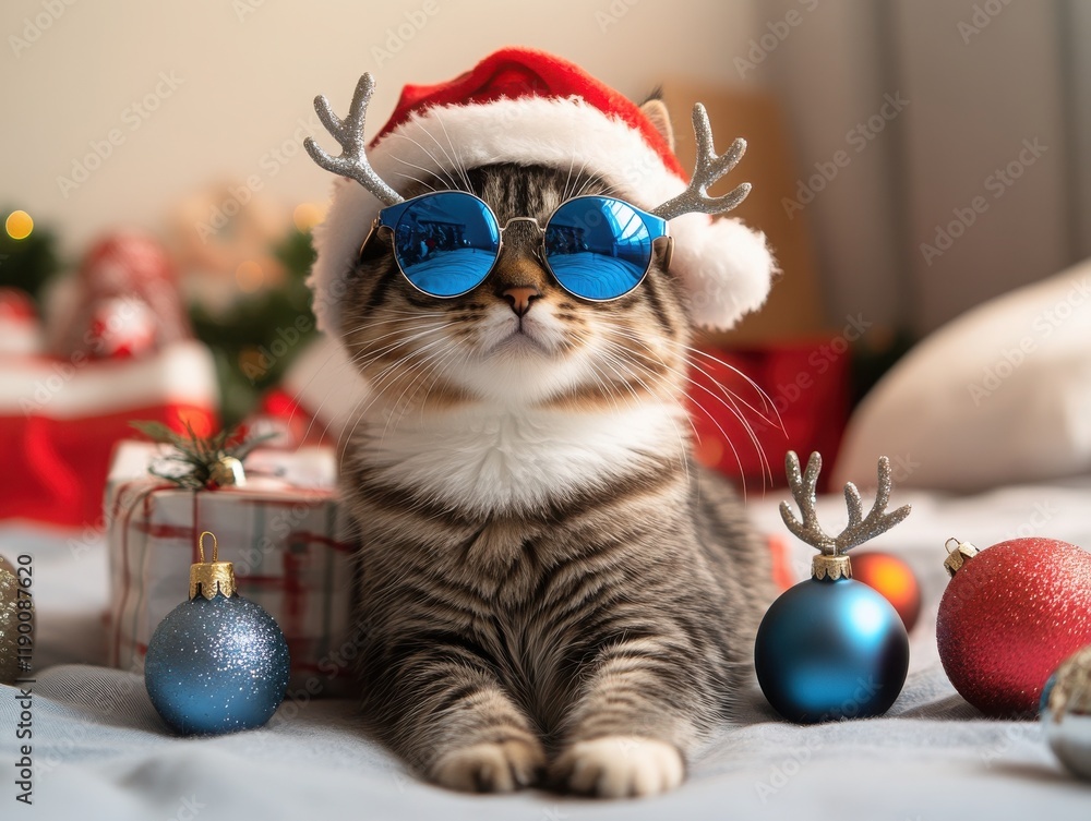 Festive Cat with Sunglasses and Christmas Decorations in Background Festive Cat with Sunglasses and Christmas Decorations in Background