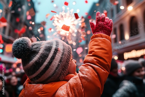 A child dressed warmly in an orange coat and striped hat raises their arm in excitement, surrounded by a joyous crowd during a festive celebration filled with colorful confetti photo