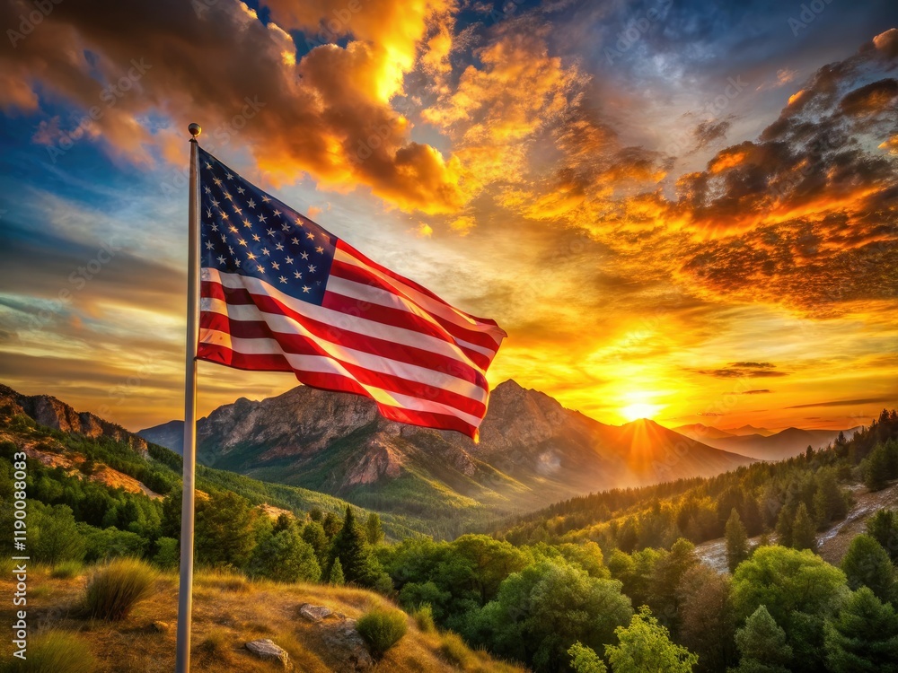 Obraz premium Patriotic sunset paints a mountain panorama, long-exposed to highlight the waving American flag.