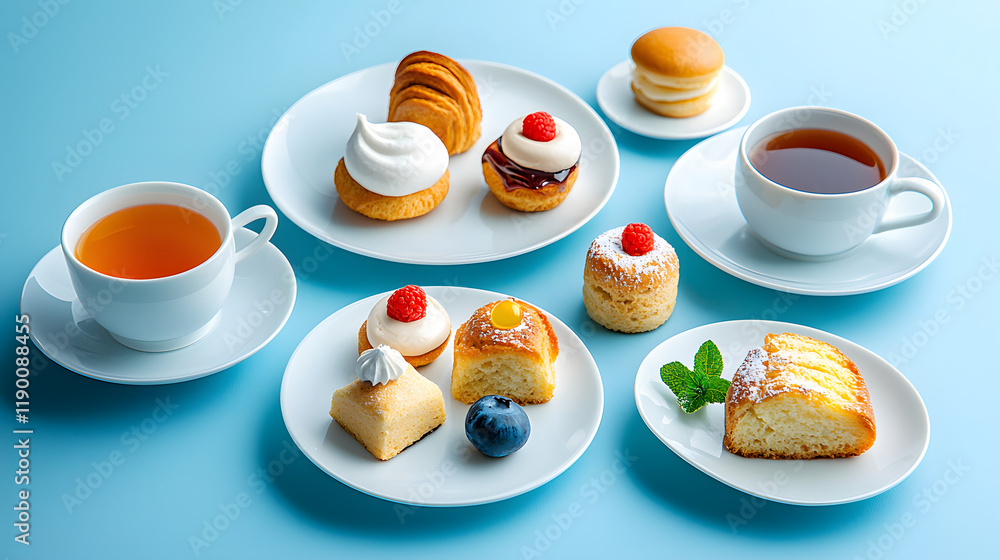 delightful afternoon tea setup featuring array of pastries, cookies, and tea. elegant presentation includes fine china, colorful desserts, and warm beverage, creating cozy atmosphere