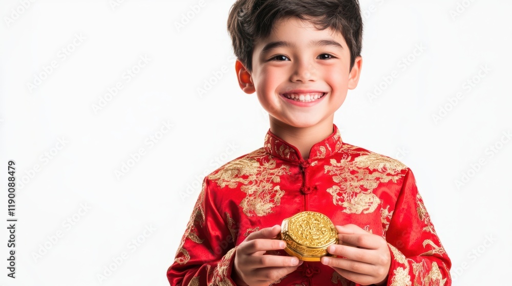 A charming boy holding a golden ingot while wearing a red Chinese jacket with intricate designs, smiling warmly, on a white background A charming boy holding a golden ingot while wearing a red Chinese jacket with intricate designs, smiling warmly, on a white background