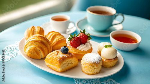 luxurious afternoon tea setup featuring fine china, delicious pastries, and fresh fruits. Enjoy delightful assortment of croissants, cakes, and tea