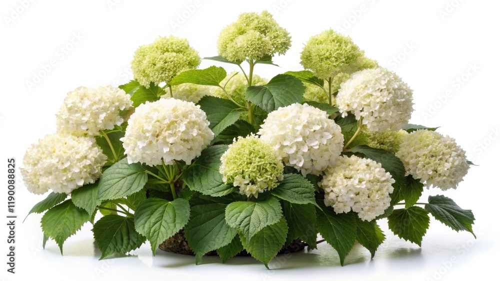 Pristine white background showcases a detailed, high-resolution image of an oakleaf hydrangea bush.