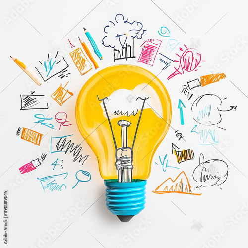 Business model innovation. bright light bulb surrounded by colorful doodles and sketches