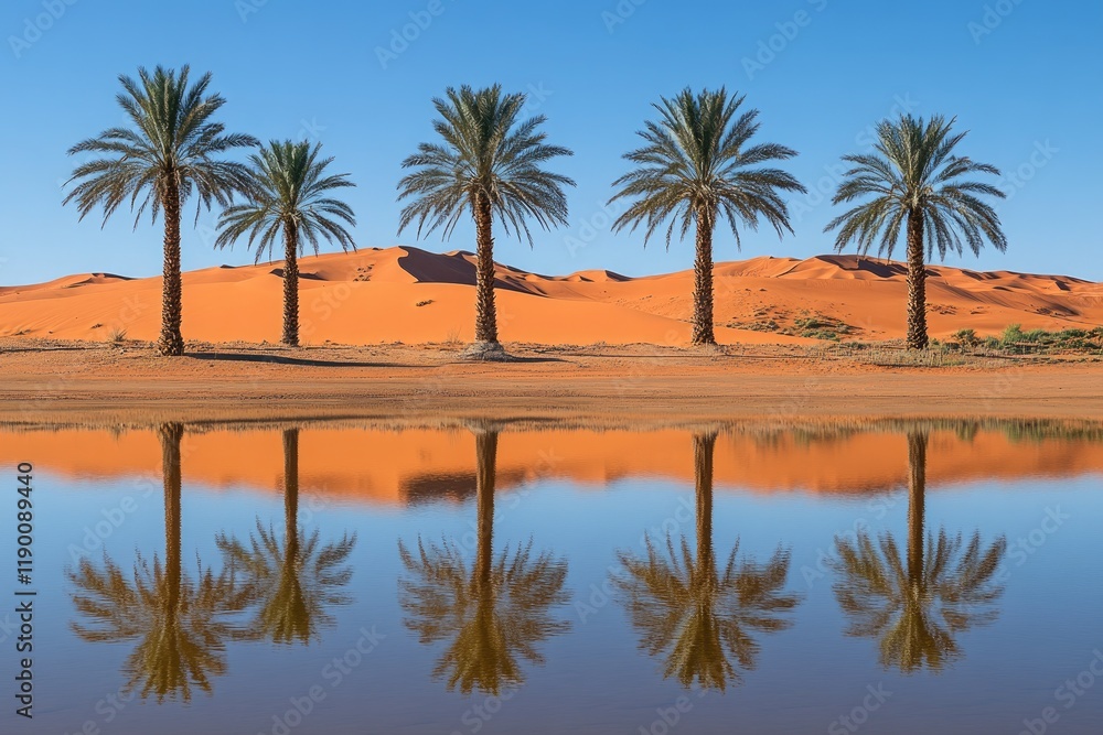 Obraz premium Oasis Reflection: Palm Trees Mirroring in Desert Landscape with Clear Blue Sky