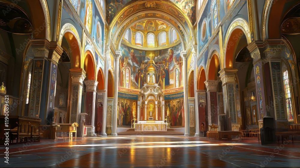 Fototapeta premium Ornate church interior, sunlight streams in