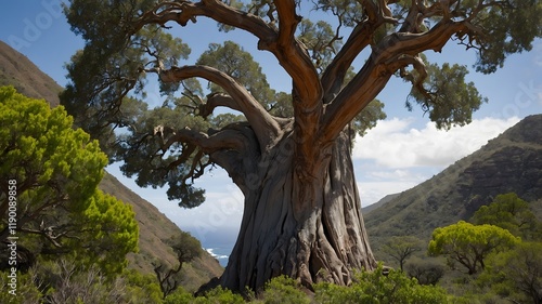 A Serene Landscape Featuring the Saint Helena Gumwood Tree in Botanical Art photo