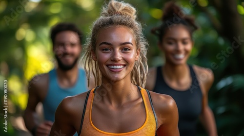 fitness friends walking and chatting together while doing running exercise in the city park in a fun race healthy active lifestyl photo