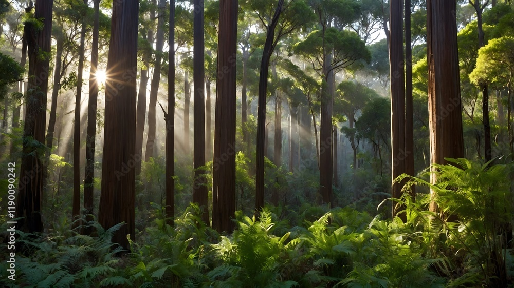 Fototapeta premium Sunlight and Mist in the Serene Gumwood Forest of Saint Helena