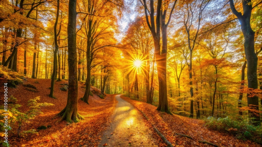 Obraz premium Serene forest panorama: golden autumn hues paint a tranquil nature scene.