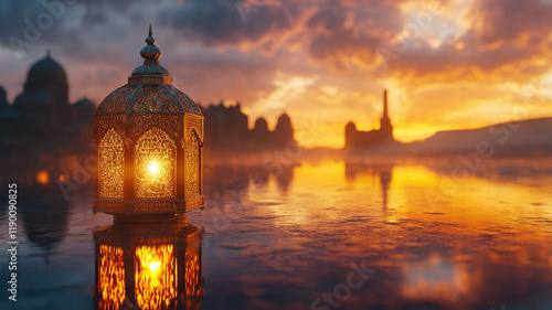 Traditional Arabic lantern glowing by the water at sunset with mosque silhouette in the background photo