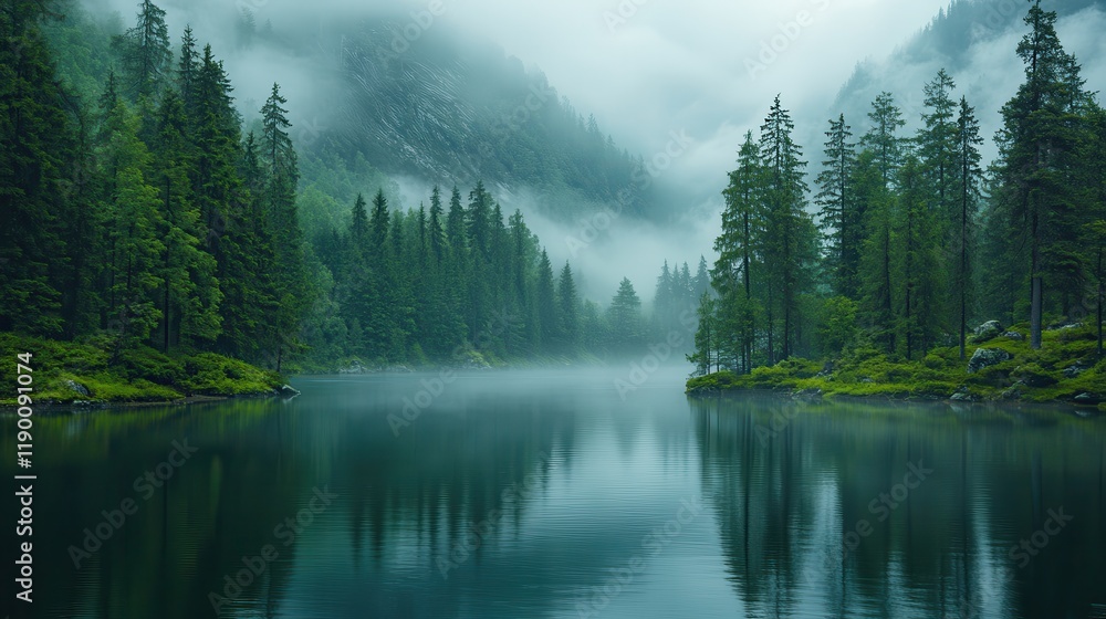 Fototapeta premium foggy forest and mountain river in the morning