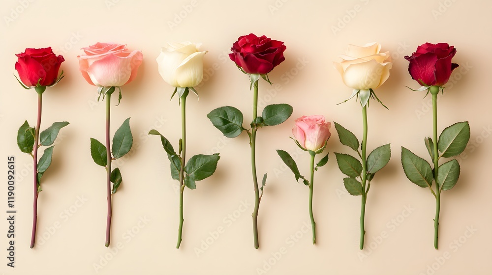 Fototapeta premium Soft Focus Image of Roses in Various Stages of Bloom Against a Neutral Background, Showcasing the Beauty of Nature and Floral Diversity