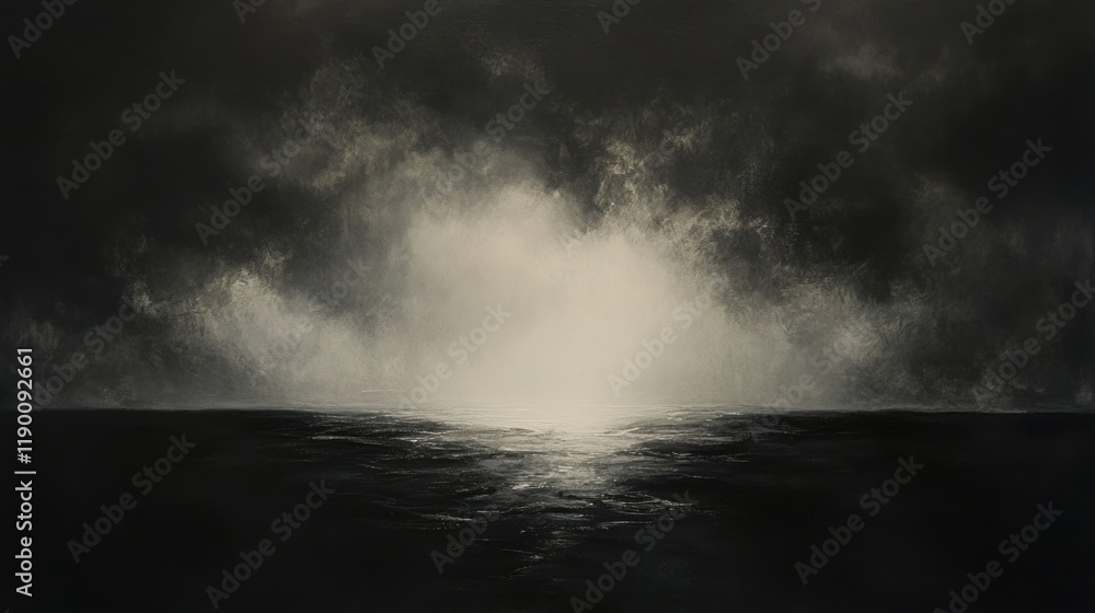 Fototapeta premium Dark Clouds Parting Over a Serene Seascape: A Dramatic Light Breaks Through the Gloom
