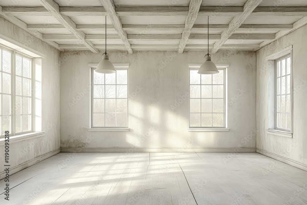 Bright Minimalist Room with Large Windows and Wooden Ceiling Beams Bright Minimalist Room with Large Windows and Wooden Ceiling Beams