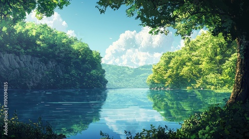 Serene Lakeside View Amidst Lush Green Foliage