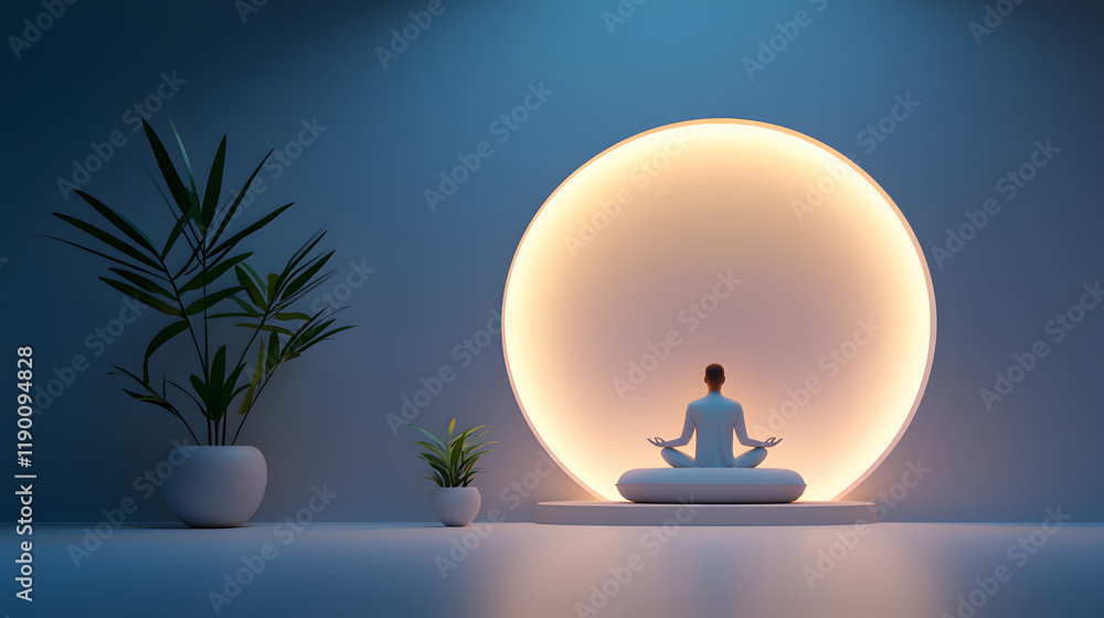 person meditating in minimalist room with soft lighting and plants, creating serene atmosphere. circular light enhances calming environment person meditating in minimalist room with soft lighting and plants, creating serene atmosphere. circular light enhances calming environment