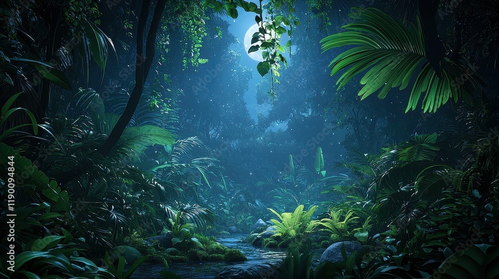 Fototapeta premium Moonlit Tropical Rainforest Stream Scene