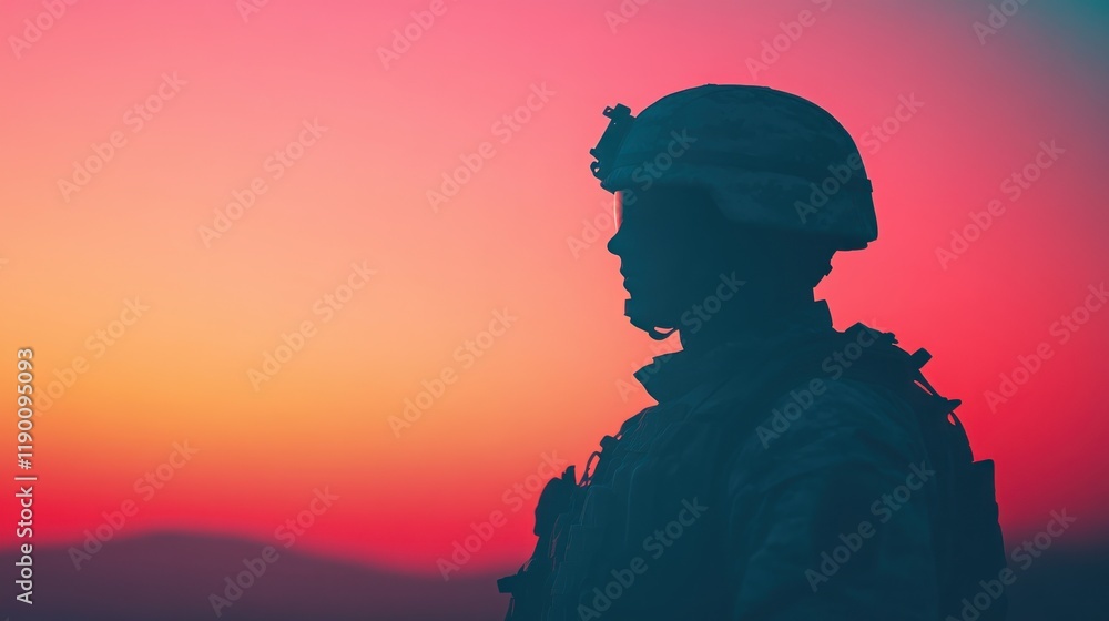 Soldier Silhouette Against Vibrant Sunset Sky Colors Soldier Silhouette Against Vibrant Sunset Sky Colors