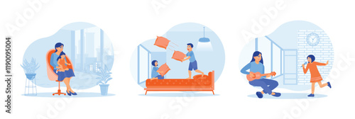 Family moments illustrated relaxation, playful fun, and music with joyful interaction.