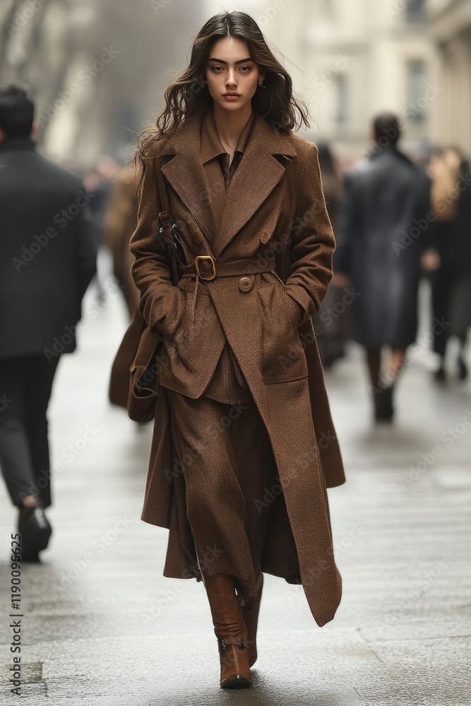 Obraz premium Elegant Woman in Long Brown Coat Walking Confidently on Urban Street
