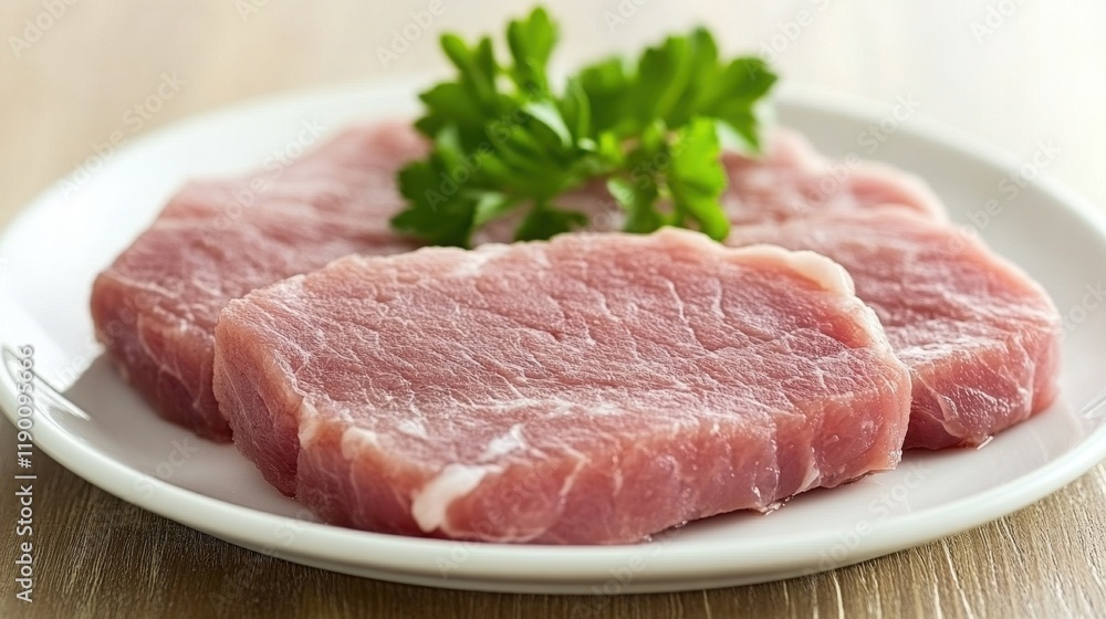 Fresh Pork Cuts on White Plate with Green Garnish Fresh Pork Cuts on White Plate with Green Garnish