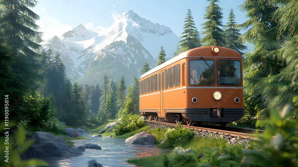 scenic train ride through mountains, surrounded by lush trees and clear stream, evokes sense of adventure and tranquility. vibrant orange train contrasts beautifully with natural landscape scenic train ride through mountains, surrounded by lush trees and clear stream, evokes sense of adventure and tranquility. vibrant orange train contrasts beautifully with natural landscape