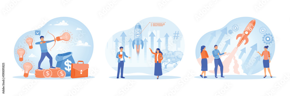 Creative business strategy conceptual illustration with rocket and goal symbolism. Creative business strategy conceptual illustration with rocket and goal symbolism.