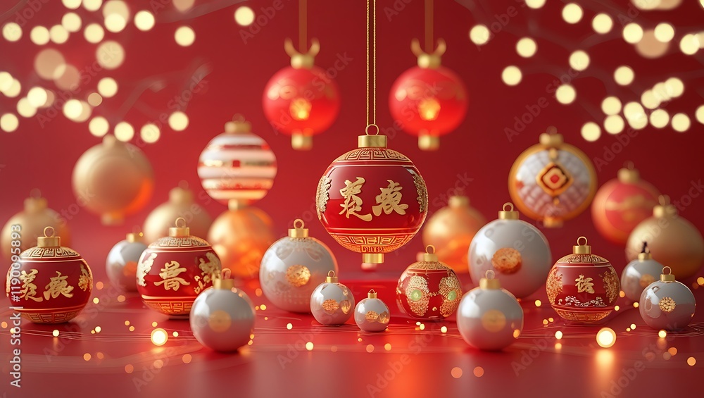 Fototapeta premium Chinese New Year Christmas balls on red background