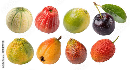 Set of rare fruits chokeberry, gac, ackee, ugli, wax apple, Korean melon, snake fruit, desert lime, Isolated on a transparent white background, cutout PNG, style for design and stock use photo