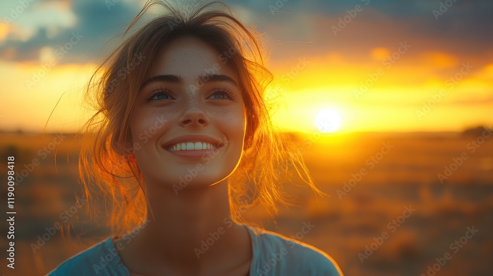 happiness beautiful woman smiling in a desert at sunset