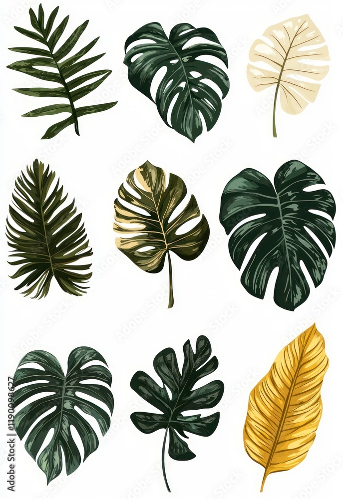 Boho Tropical Decor – Collection of abstract monstera and palm leaves in green, beige, and yellow, with organic lines and a bohemian style. Boho Tropical Decor – Collection of abstract monstera and palm leaves in green, beige, and yellow, with organic lines and a bohemian style.