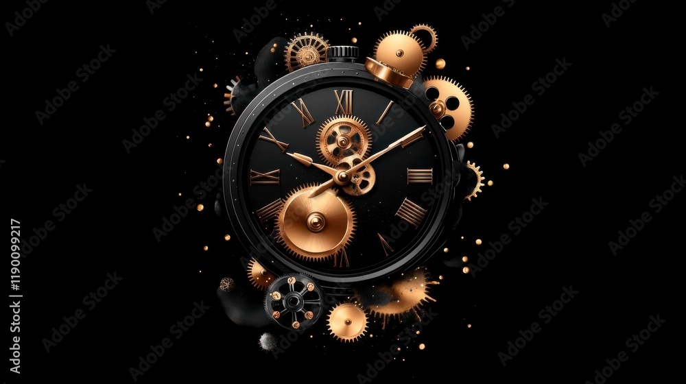 Obraz premium Intricate clock gears, golden accents on black; a mesmerizing timepiece.