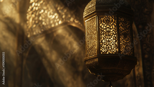 Ornate Arabic lantern with intricate patterns illuminated by sunlight in a traditional setting photo