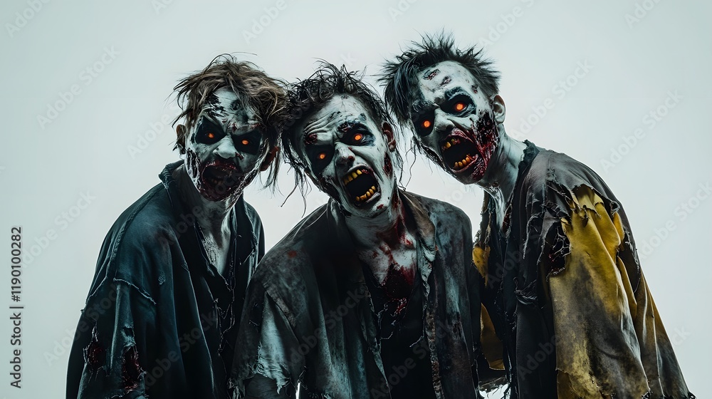Trio of Terrifying Zombies Standing Shoulder to Shoulder, Eerie Expressions and Gruesome Details Captured in Haunting Photograph for Horror Enthusiasts Trio of Terrifying Zombies Standing Shoulder to Shoulder, Eerie Expressions and Gruesome Details Captured in Haunting Photograph for Horror Enthusiasts